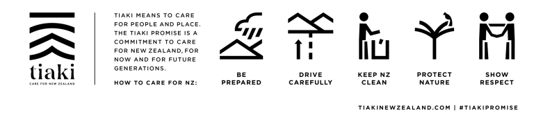 Tiaki New Zealand illustration with icons for care, driving, cleanliness, nature, and respect.