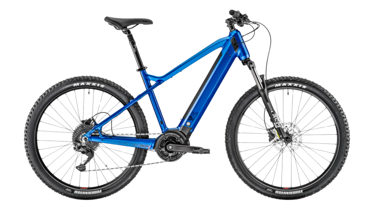 Blue mountain bike with thick tires and a sleek design.