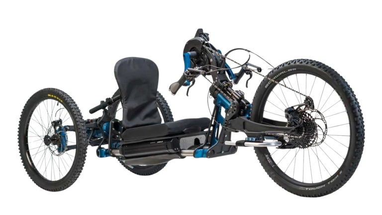 An off-road recumbent trike with large tires and a padded seat.