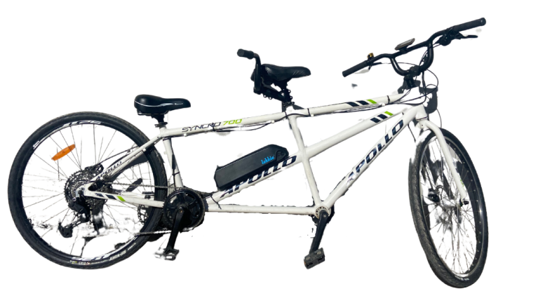 White tandem bicycle with black and green accents.