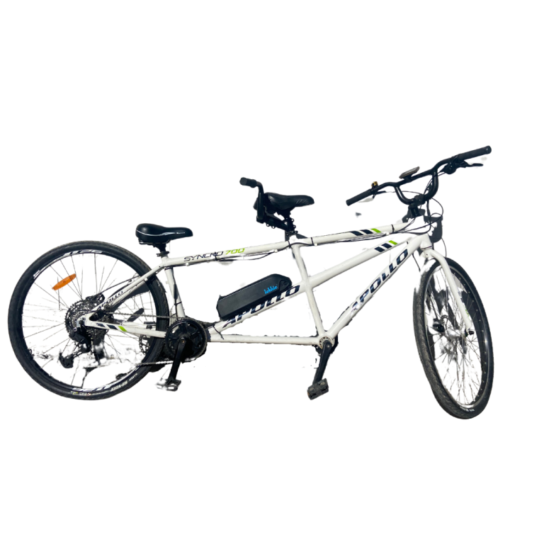 White tandem bicycle with black and green accents.