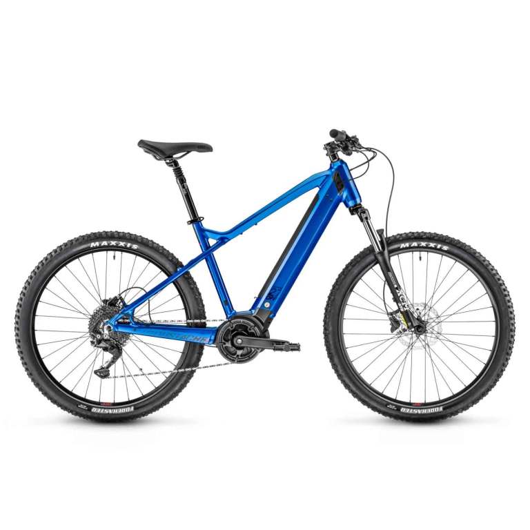 Blue electric mountain bike with thick tires and robust frame.