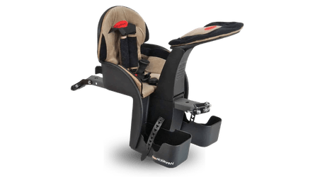 Child bike seat with harness and footrests.