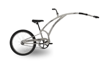 A bicycle trailer with a single wheel and long connecting arm.