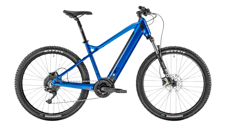 Blue mountain bike with thick tires and a sleek design.
