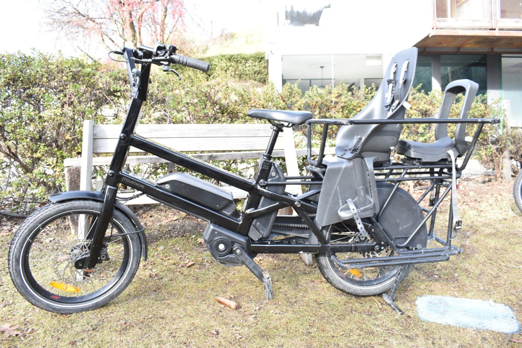 Black cargo bike with two child seats on a grassy area.