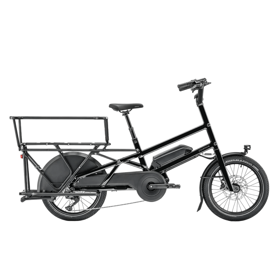 Black cargo bike with rear rack on white background.
