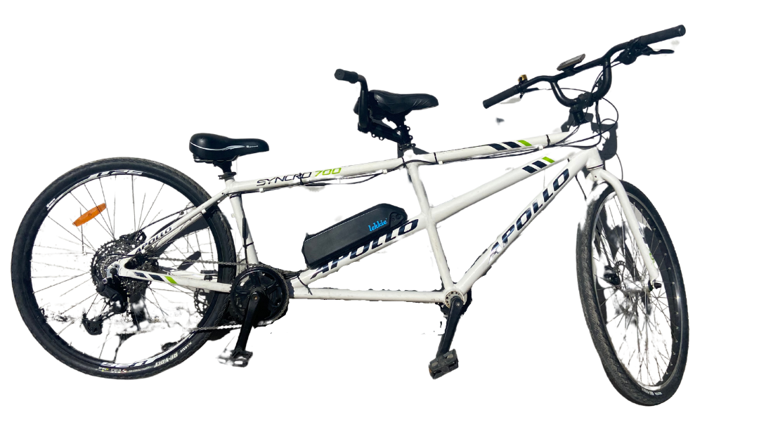 White tandem bicycle with black and green accents.