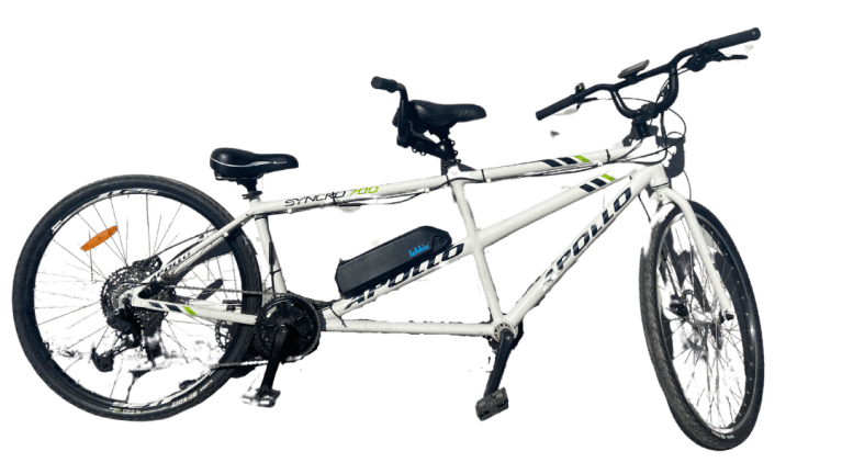 White tandem bicycle with black and green accents.