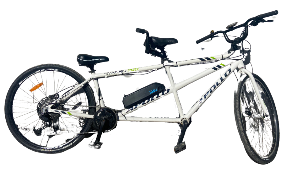 White tandem bicycle with black and green accents.