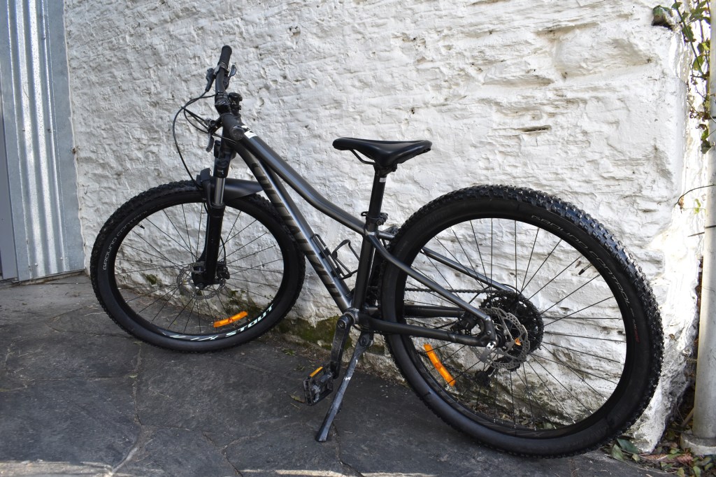 Black mountain bike leaning against a white stone wall.