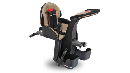 Child bike seat with harness and footrests.