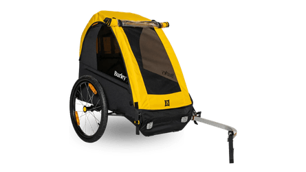 Yellow and black two-wheel bike trailer with a tow bar.