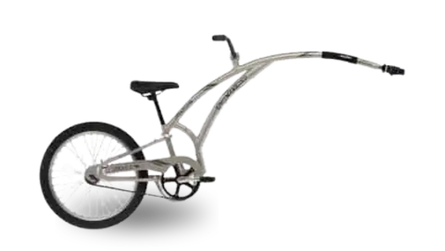 A bicycle trailer with a single wheel and long connecting arm.