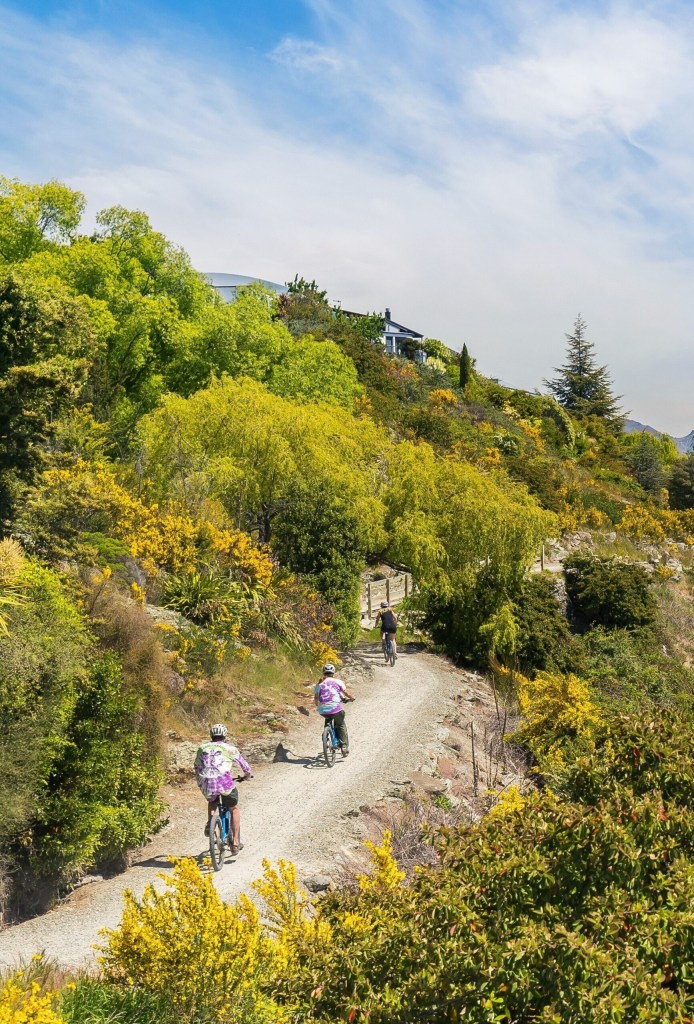 People biking on a trail through lush green landscape under a blue sky.